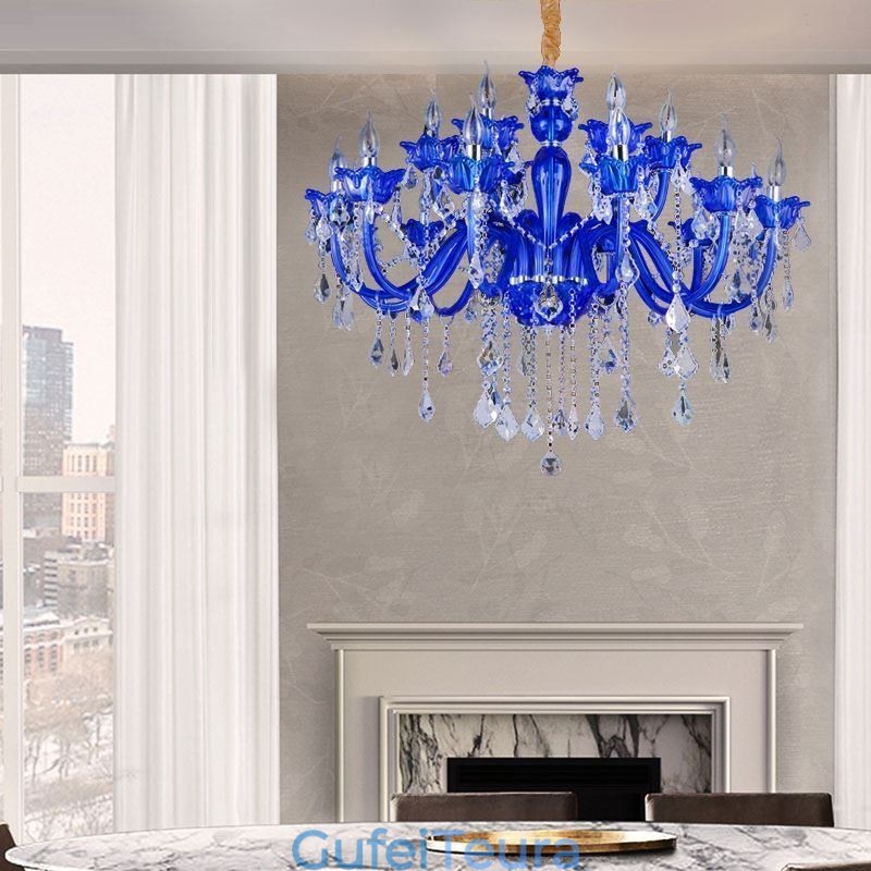 נברשת קריסטל בסגנון אירופאי כחול קריסטל זכוכית תליון אור