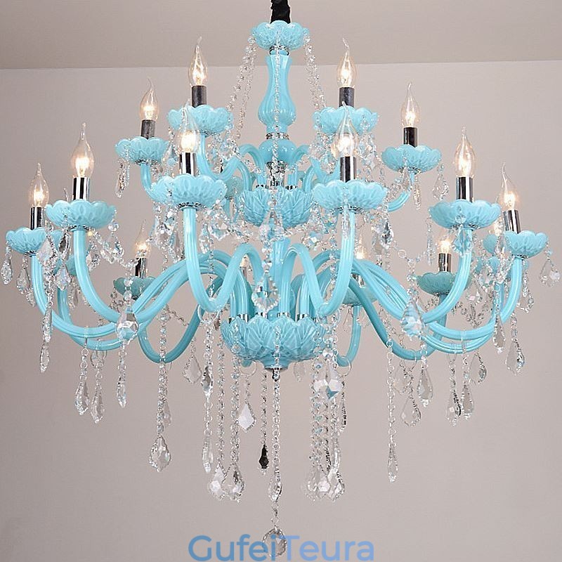 אירופאי נברשת קריסטל גדולה בצבע כחול תליון אור