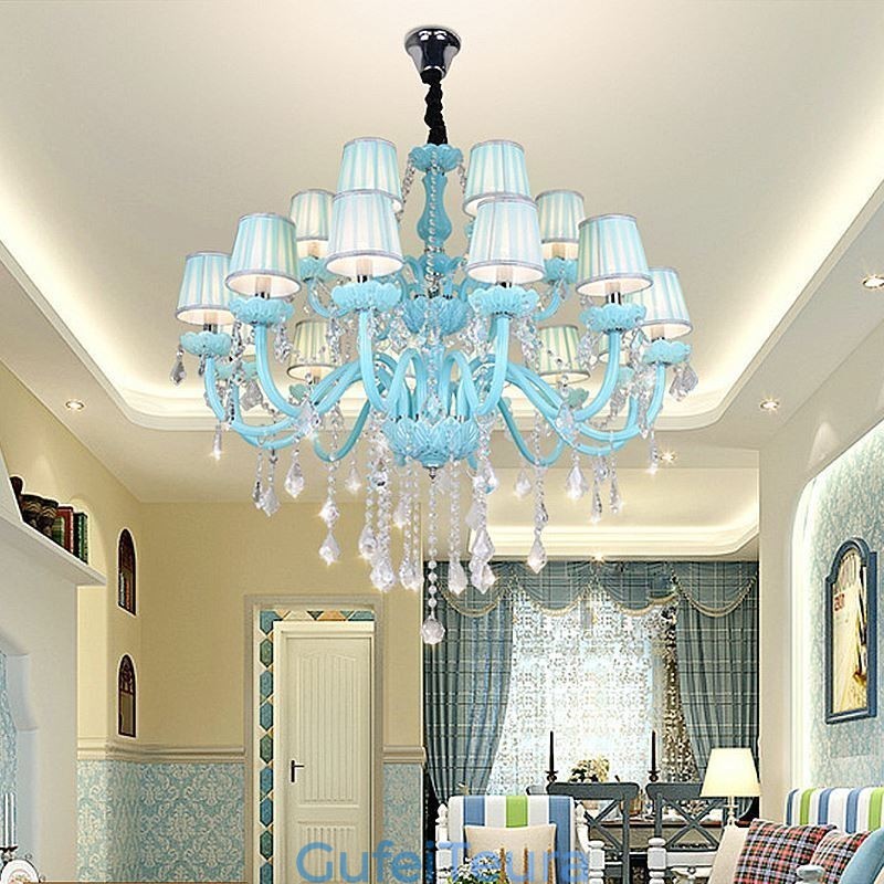 אירופאי נברשת קריסטל גדולה בצבע כחול תליון אור