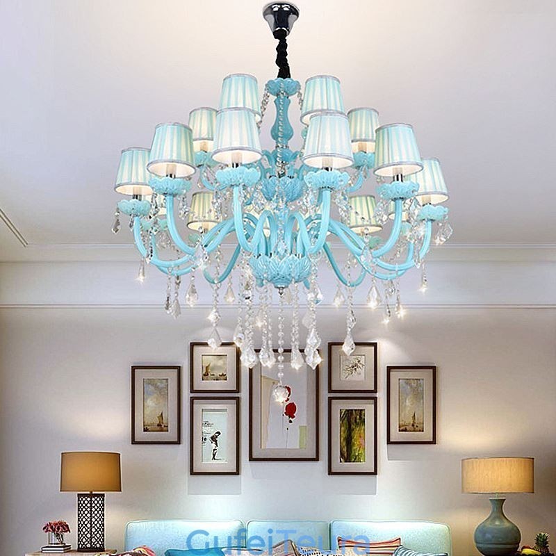 אירופאי נברשת קריסטל גדולה בצבע כחול תליון אור