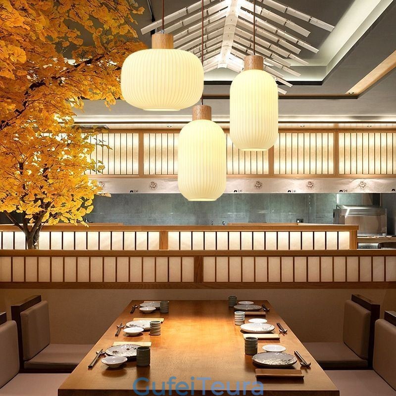 תליון עץ יפני אור תליית פנס זכוכית