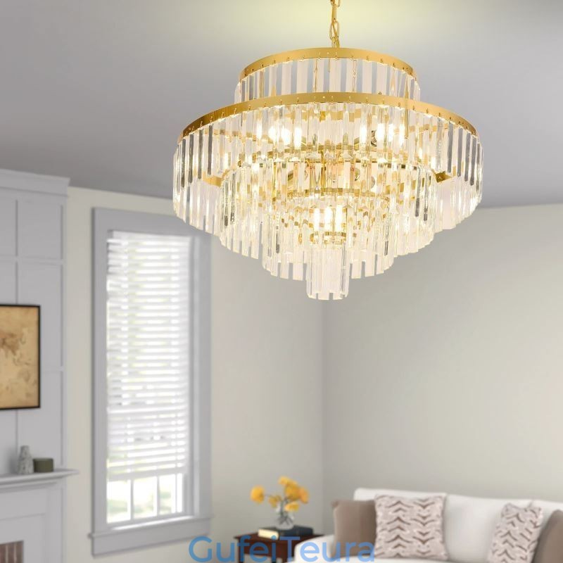 אור תליון קריסטל זהב 4 קומות תאורת תקרה 7 נורות