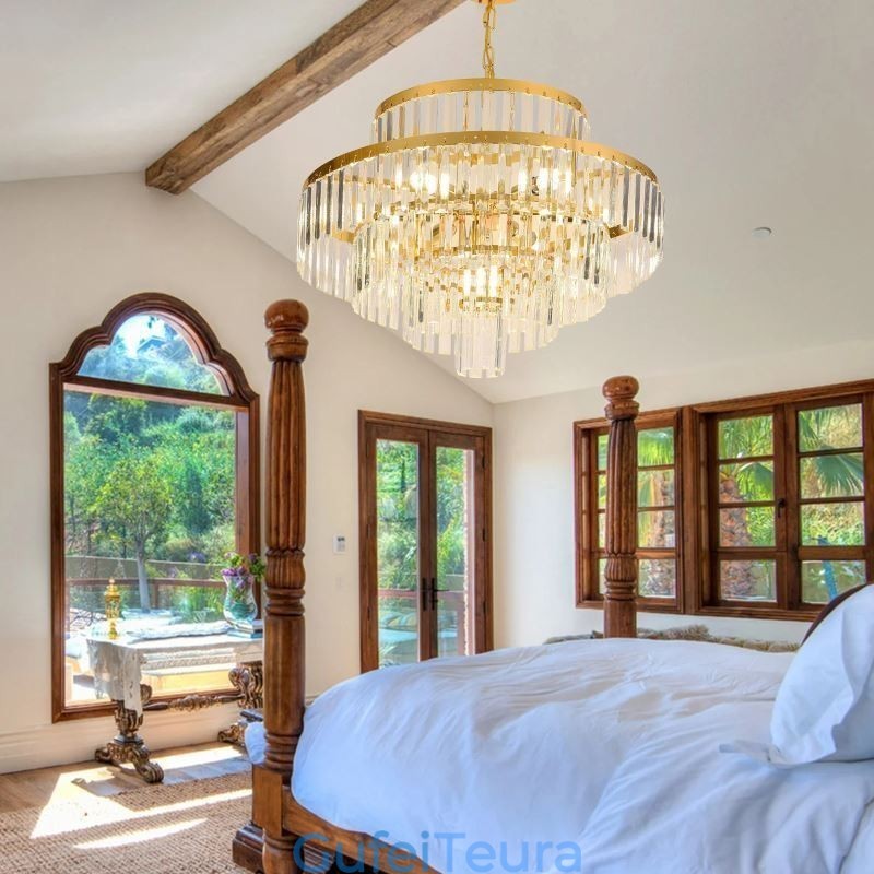 אור תליון קריסטל זהב 4 קומות תאורת תקרה 7 נורות