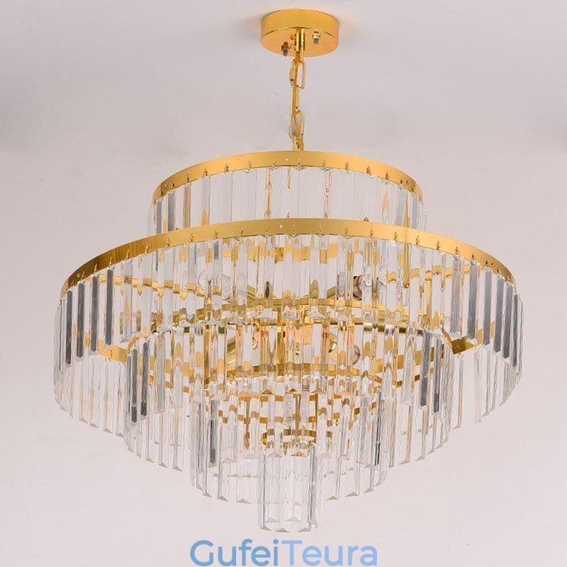 אור תליון קריסטל זהב 4 קומות תאורת תקרה 7 נורות