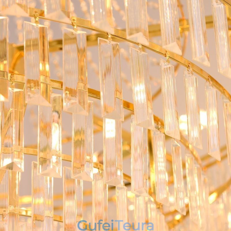 אור תליון קריסטל זהב 4 קומות תאורת תקרה 7 נורות