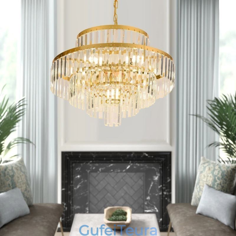 אור תליון קריסטל זהב 4 קומות תאורת תקרה 7 נורות