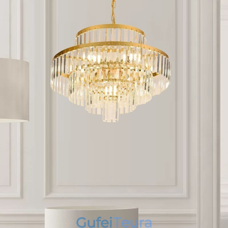 אור תליון קריסטל זהב 4 קומות תאורת תקרה 7 נורות