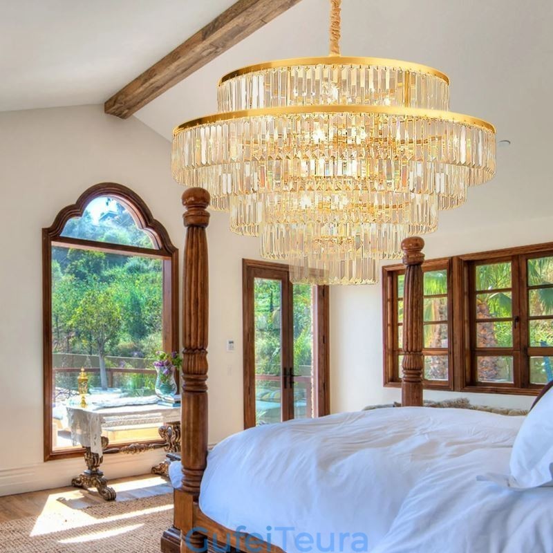 אור תליון קריסטל זהב 5 קומות תאורת תקרה 7 אורות