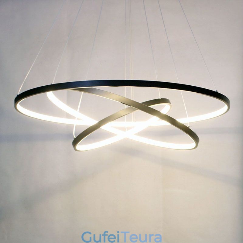 אור תליון מודרני אלומיניום שחור 3 טבעת אור תלייה