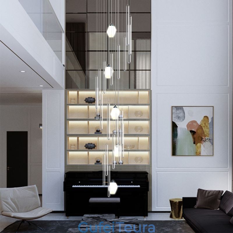 קלסטר תליון אור מודרני גדול תליון קריסטל נברשת דופלקס גרם מדרגות