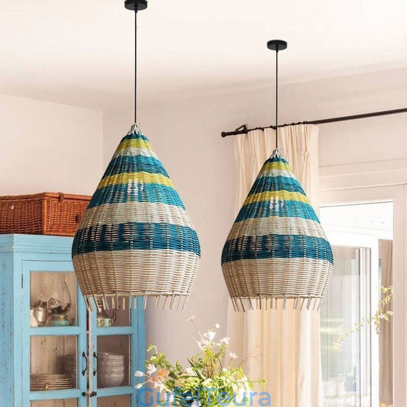 במבוק וקש תליון אור פסים מרווחים ארוגים ביד מנורת תקרה אהיל