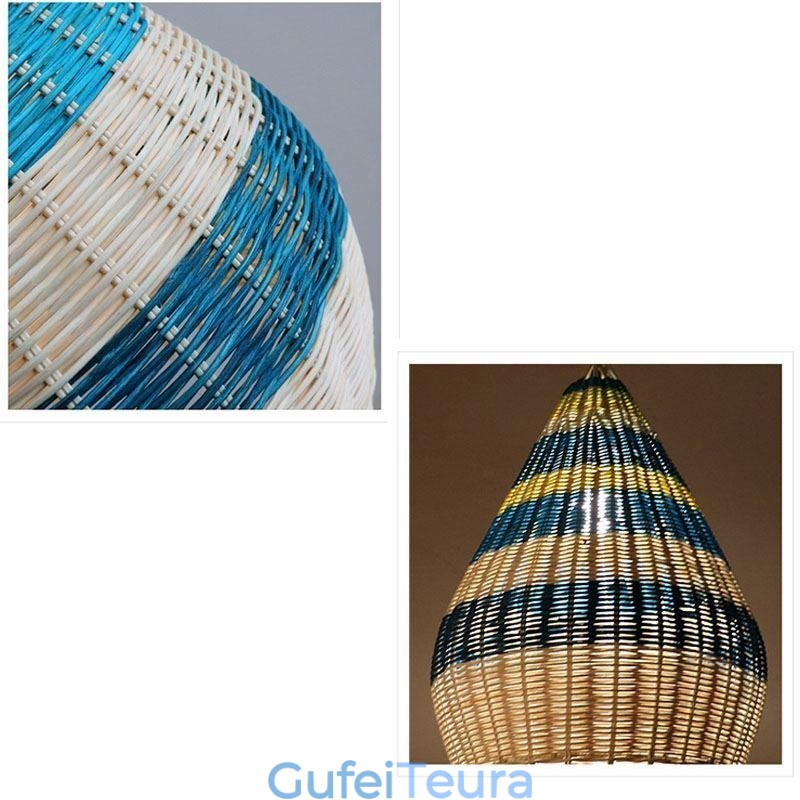 במבוק וקש תליון אור פסים מרווחים ארוגים ביד מנורת תקרה אהיל