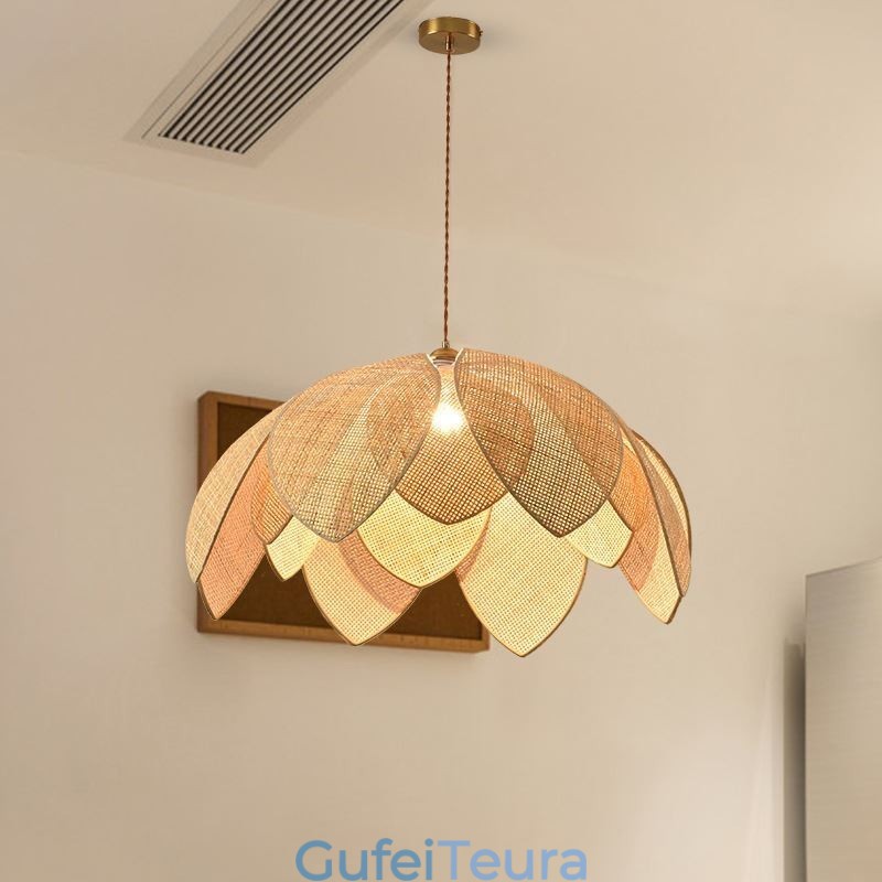 Rattan Lotus Pendant Light Cafe רטרו Rattan Art תאורת תקרה