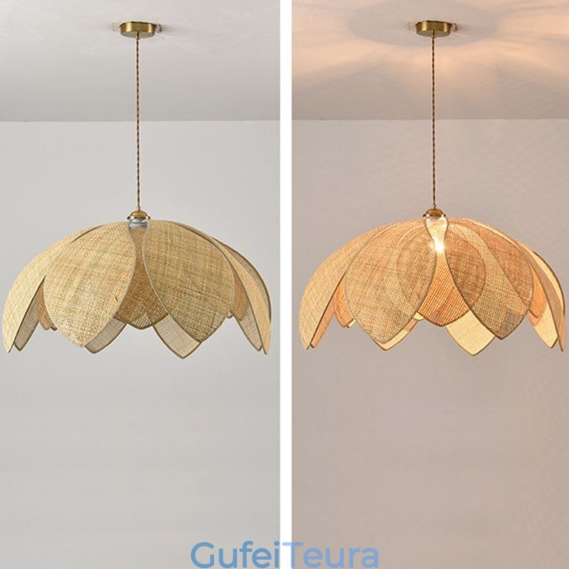 Rattan Lotus Pendant Light Cafe רטרו Rattan Art תאורת תקרה
