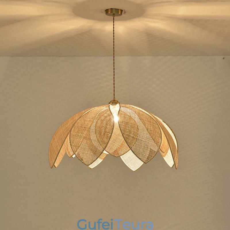 Rattan Lotus Pendant Light Cafe רטרו Rattan Art תאורת תקרה