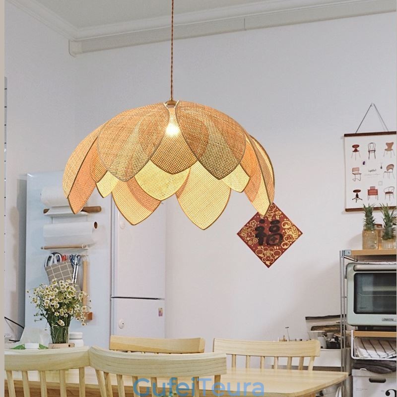 Rattan Lotus Pendant Light Cafe רטרו Rattan Art תאורת תקרה