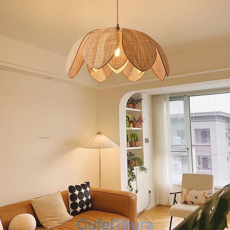 Rattan Lotus Pendant Light Cafe רטרו Rattan Art תאורת תקרה