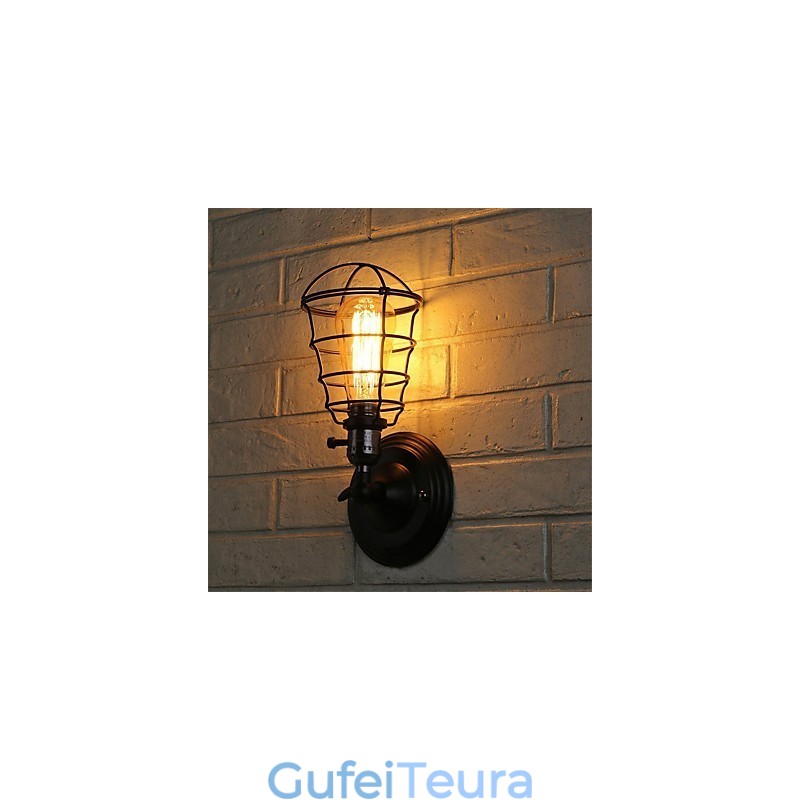עם מתג וינטג' 1 קל תעשייתי שחור מתכת כלוב לופט מנורת קיר סלון פינת אוכל מסדרון בית קפה ברים בר פמוט קיר