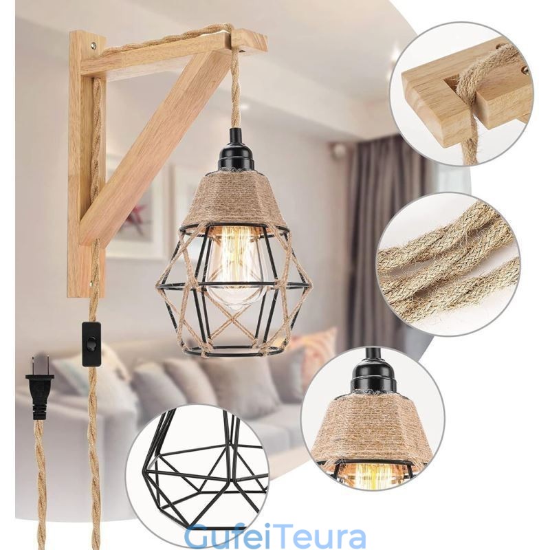 קנבוס חבל ברזל אמנות קיר אור אמריקאי פסטורלי רטרו פמוט קיר עם תקע