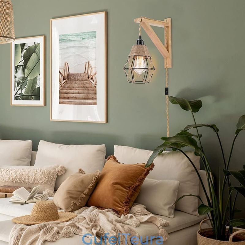 קנבוס חבל ברזל אמנות קיר אור אמריקאי פסטורלי רטרו פמוט קיר עם תקע