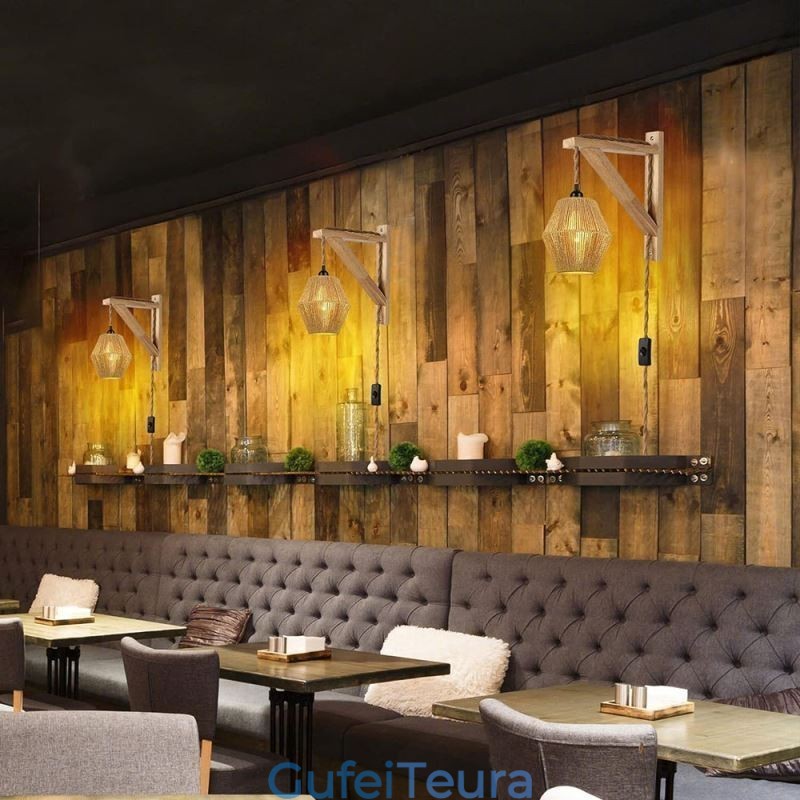 פמוט קיר חבל נייר אמריקאי פסטורלי אור קיר רטרו עם תקע