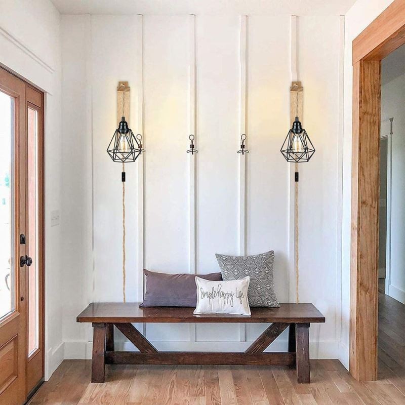 פמוט קיר אמריקאי רטרו 2.5 מ' חוט תליית חבל קנבוס אהיל צבוע ברזל שחור