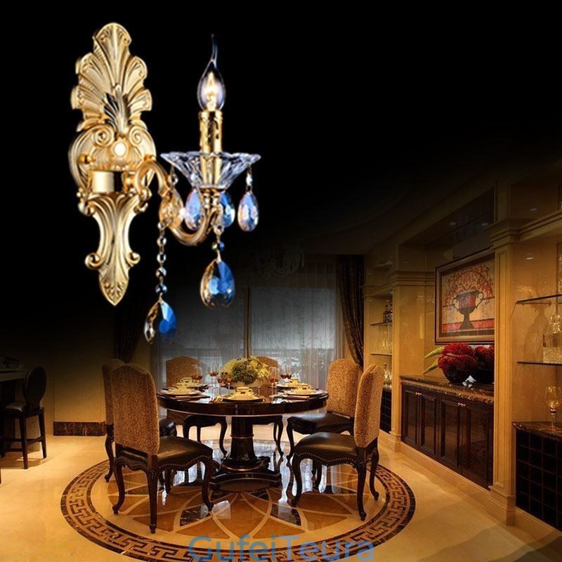 מנורת קיר אירופאית פמוט קיר מפואר קריסטל טיפת קישוט מנורת תאורת ליד המיטה