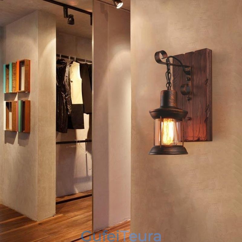 אמריקן וינטג' אור תעשייתי LOFT קיר פמוט עץ מלא זכוכית מנורה אור