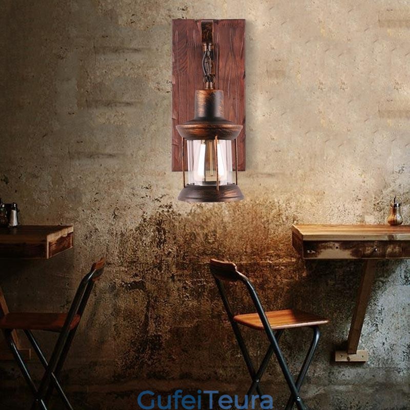 אמריקן וינטג' אור תעשייתי LOFT קיר פמוט עץ מלא זכוכית מנורה אור