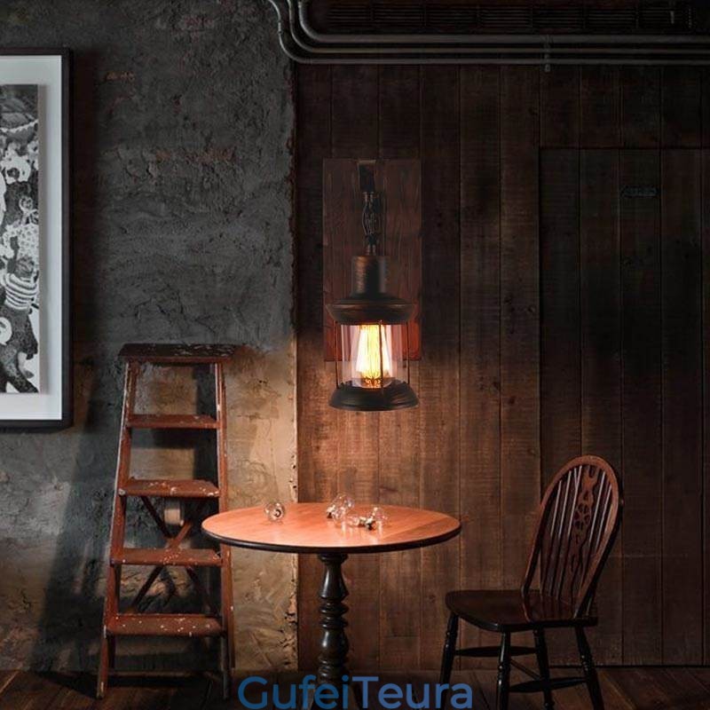 אמריקן וינטג' אור תעשייתי LOFT קיר פמוט עץ מלא זכוכית מנורה אור