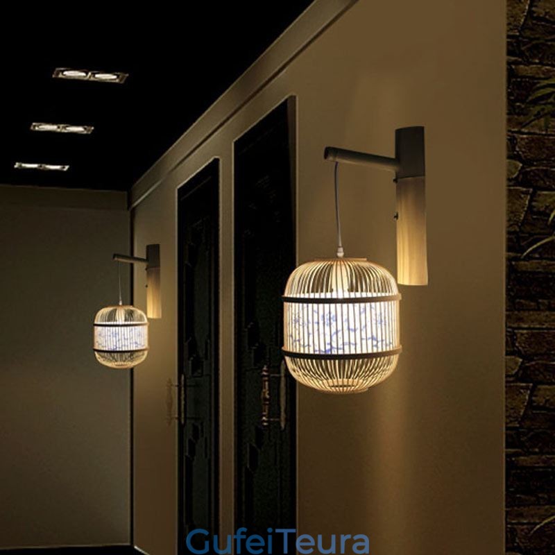 עיצוב כלוב אור קיר יצירתי במבוק תליית קיר פמוט ליד המיטה אור דקורטיבי