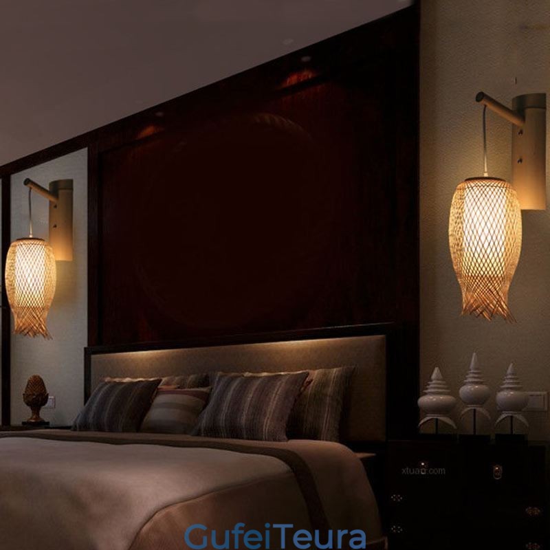 למטה קיר מבמבוק אור כפרי עגול קיר פמוט ליד המיטה בית תה אור יצירתי