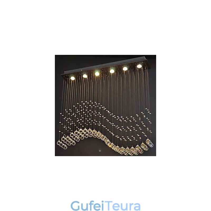 תאורת תליון 6 אורות מודרנית כסף גלי קריסטל שקופים גופי תאורת תקרה