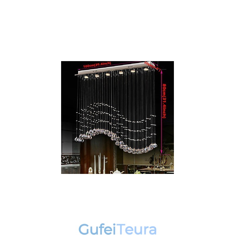 תאורת תליון 6 אורות מודרנית כסף גלי קריסטל שקופים גופי תאורת תקרה