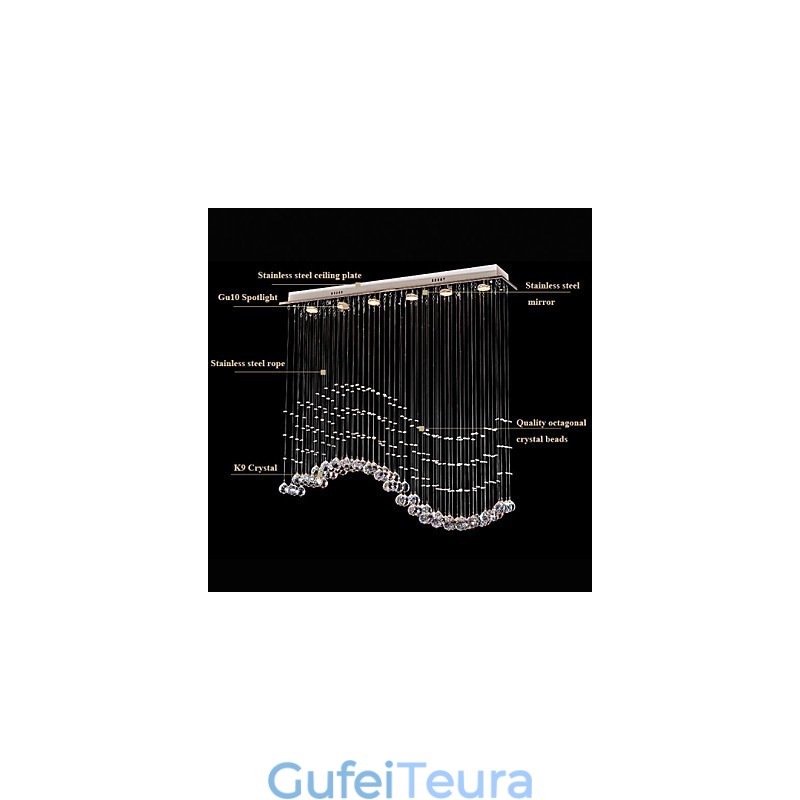 תאורת תליון 6 אורות מודרנית כסף גלי קריסטל שקופים גופי תאורת תקרה